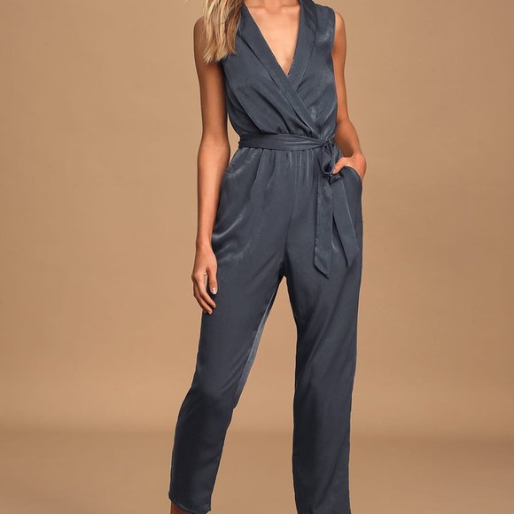 Lulus Pants - Love Like That Washed Navy Blue Satin Sleeveless Jumpsuit